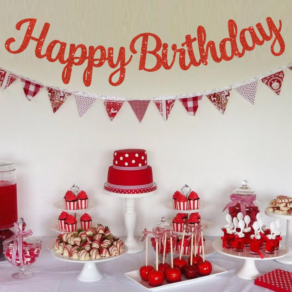 BEISHIDA Red Happy Birthday Banner – Pre-Strung Glitter Backdrop, 10ft, No DIY Decor