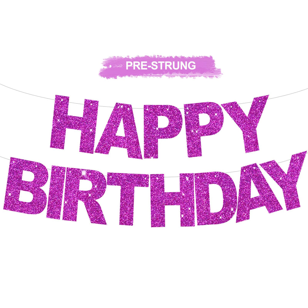 BEISHIDA Purple Happy Birthday Banner – Pre-Strung, No DIY, Gold Foil Edges