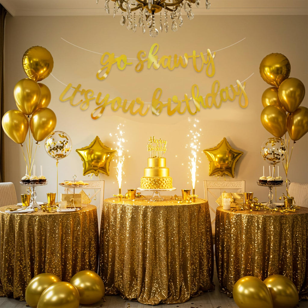 BEISHIDA Double-Sided Gold Go Shawty Birthday Banner, 11.4ft, Pre-Strung Glitter Party Sign