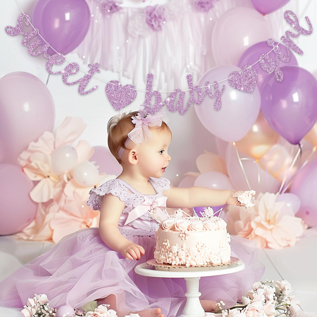 BEISHIDA Light Purple Glitter Girl Baby Banner – Pre-Strung, No DIY, Ready to Hang