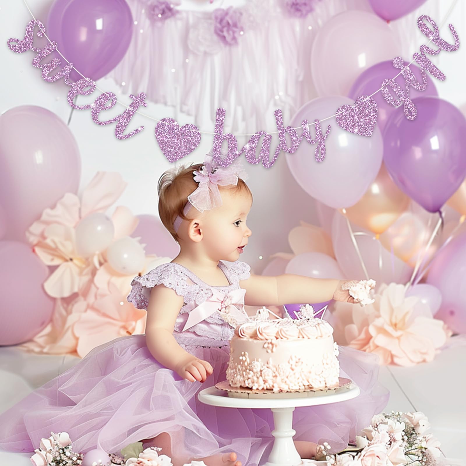 BEISHIDA Light Purple Glitter Girl Baby Banner – Pre-Strung, No DIY, Ready to Hang