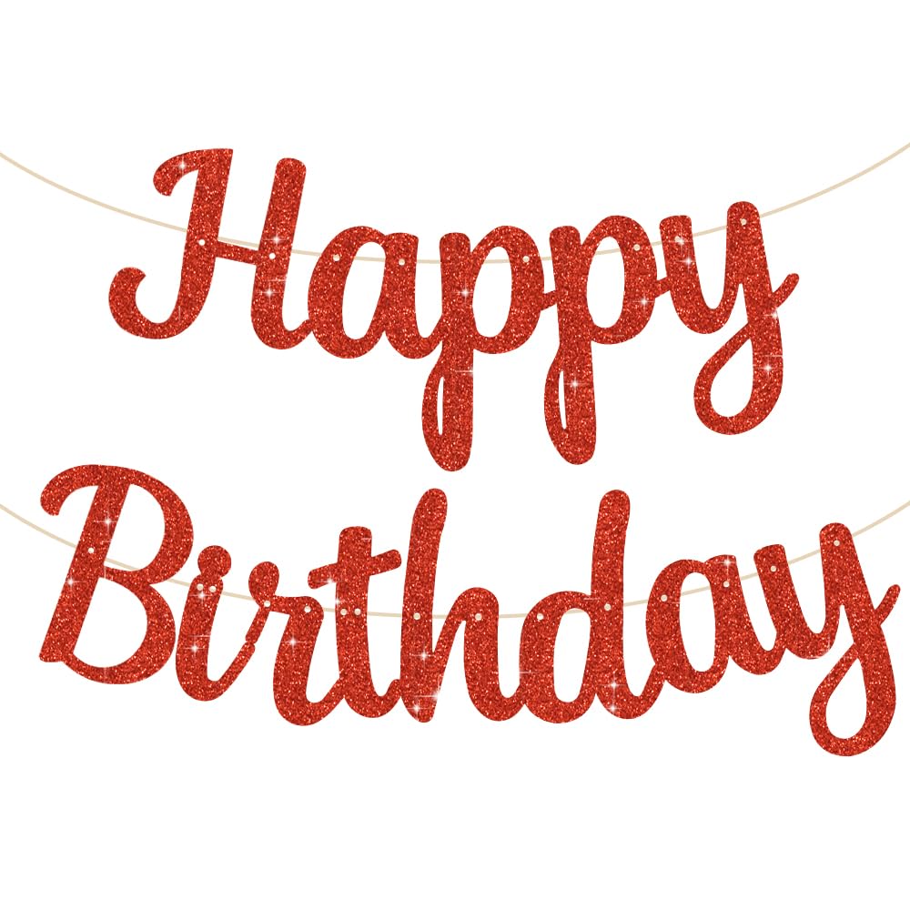 BEISHIDA Red Happy Birthday Banner – Pre-Strung Glitter Backdrop, 10ft, No DIY Decor