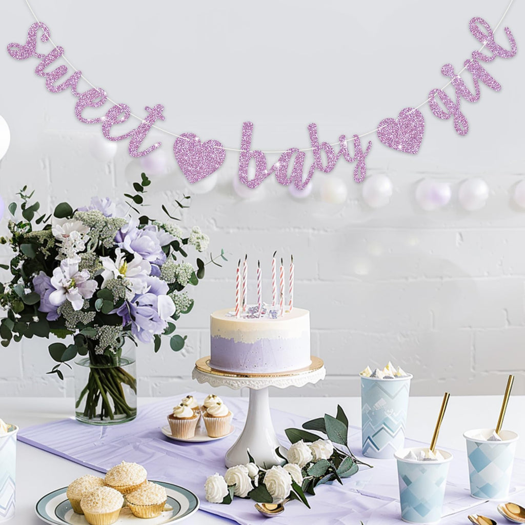 BEISHIDA Light Purple Glitter Girl Baby Banner – Pre-Strung, No DIY, Ready to Hang