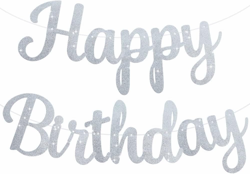 BEISHIDA Silver Glitter Birthday Banner - No DIY, 10 Feet, Pre-Strung Backdrop