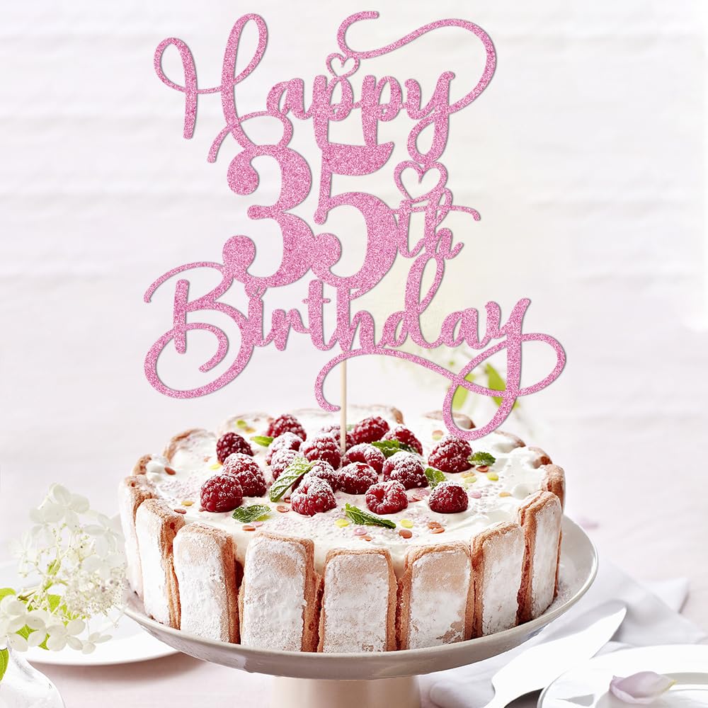 Bejotaa Pink Happy 35th Birthday Cake Topper – Glitter, Pre-assembled, 1pc