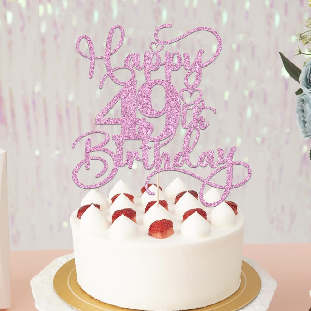 Bejotaa Pink Happy 49th Birthday Cake Topper – Glitter Cake Decor for Birthday & Anniversary