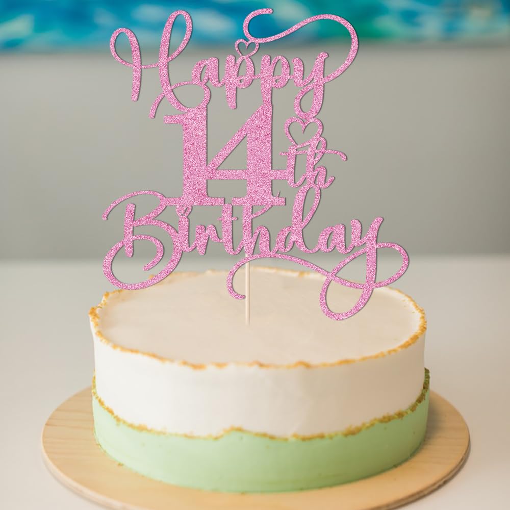 Bejotaa Pink Happy 14th Birthday Cake Topper – Glitter, Pre-Assembled, 1pc