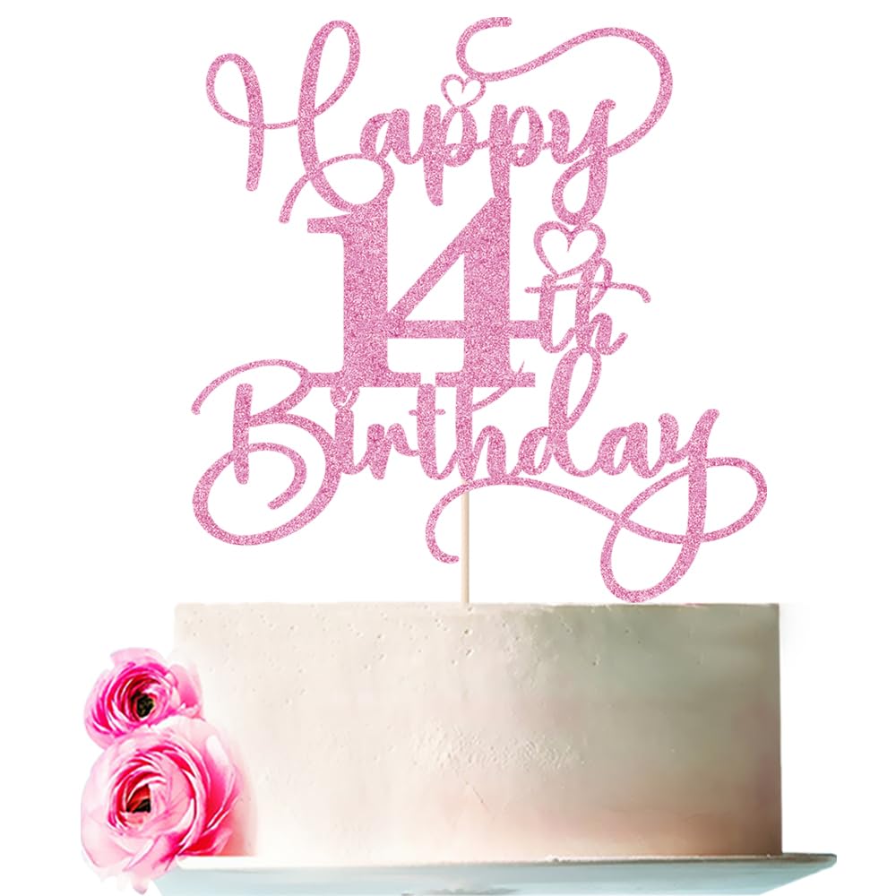Bejotaa Pink Happy 14th Birthday Cake Topper – Glitter, Pre-Assembled, 1pc