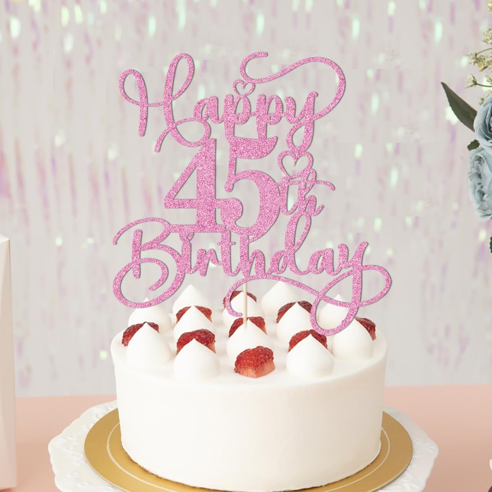 Bejotaa Pink Happy 45th Birthday Cake Topper – Glitter, Pre‑assembled, 1pc for Birthday & Anniversary Cakes