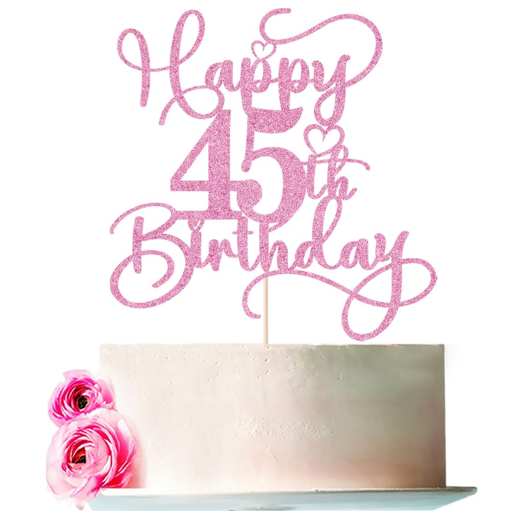 Bejotaa Pink Happy 45th Birthday Cake Topper – Glitter, Pre‑assembled, 1pc for Birthday & Anniversary Cakes