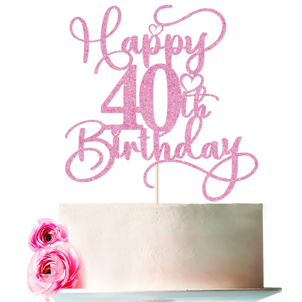 Bejotaa Pink Happy 40th Birthday Cake Topper – Glitter, Pre‑Assembled, 1pc
