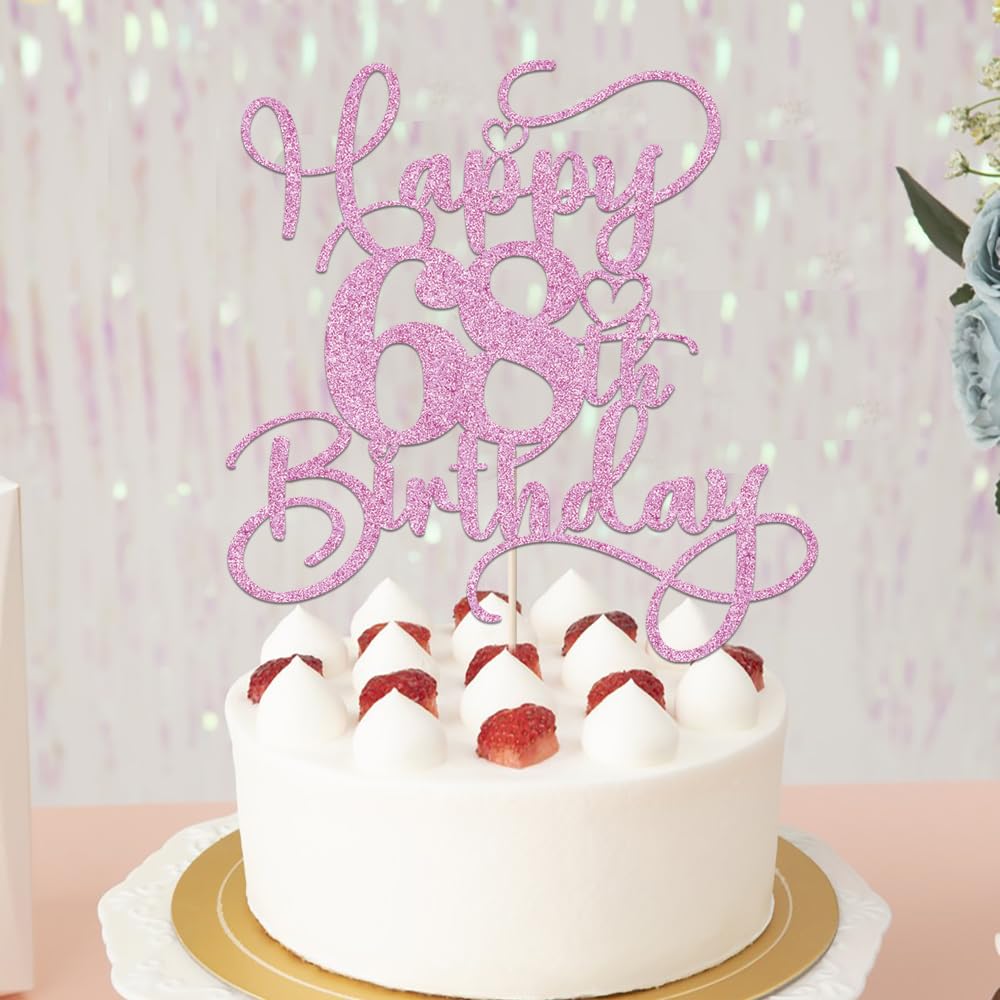 Bejotaa Pink Happy 68th Birthday Cake Topper | Glitter, Pre-assembled