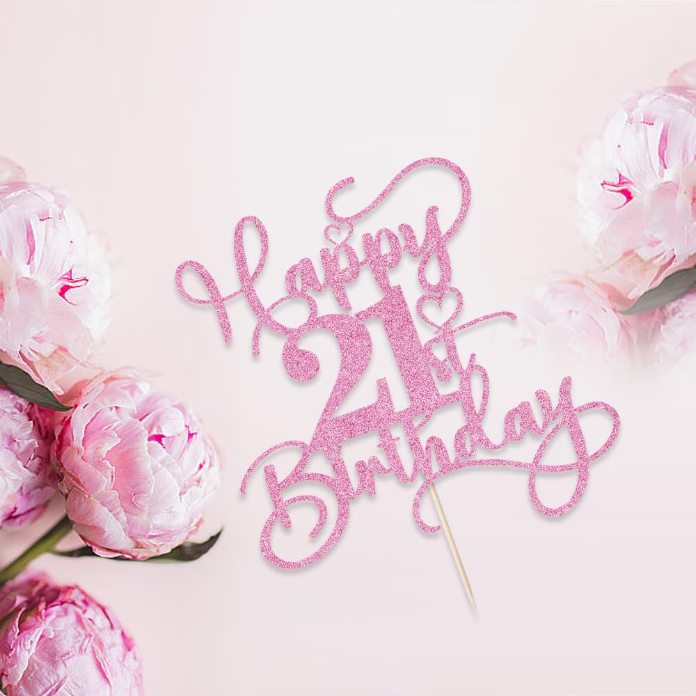 Bejotaa Pink Happy 21st Birthday Cake Topper – Glitter Party Decor