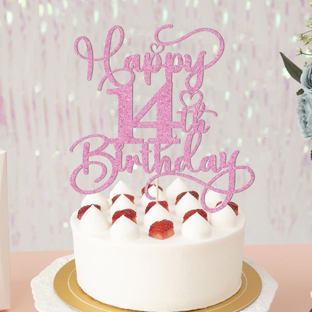 Bejotaa Pink Happy 14th Birthday Cake Topper – Glitter, Pre-Assembled, 1pc