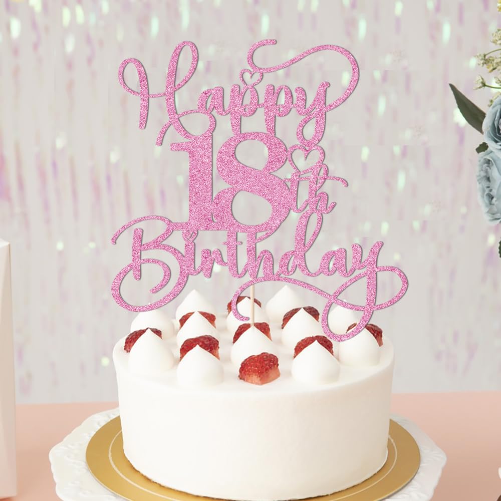 Bejotaa Pink Happy 18th Birthday Cake Topper – Glitter Cake Topper for Birthday Party Decor