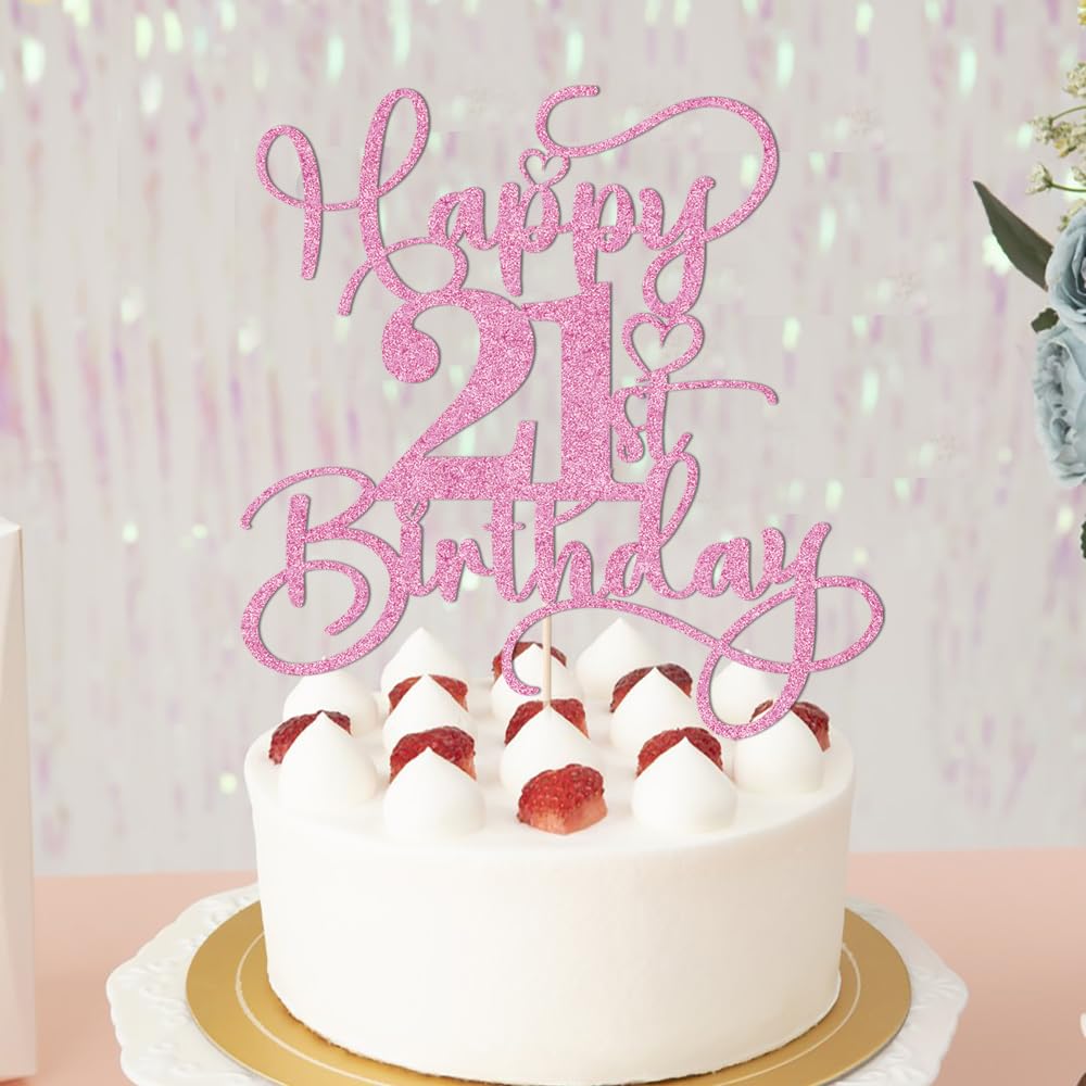 Bejotaa Pink Happy 21st Birthday Cake Topper – Glitter Party Decor