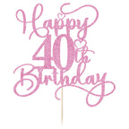 Bejotaa Pink Happy 40th Birthday Cake Topper – Glitter, Pre‑Assembled, 1pc