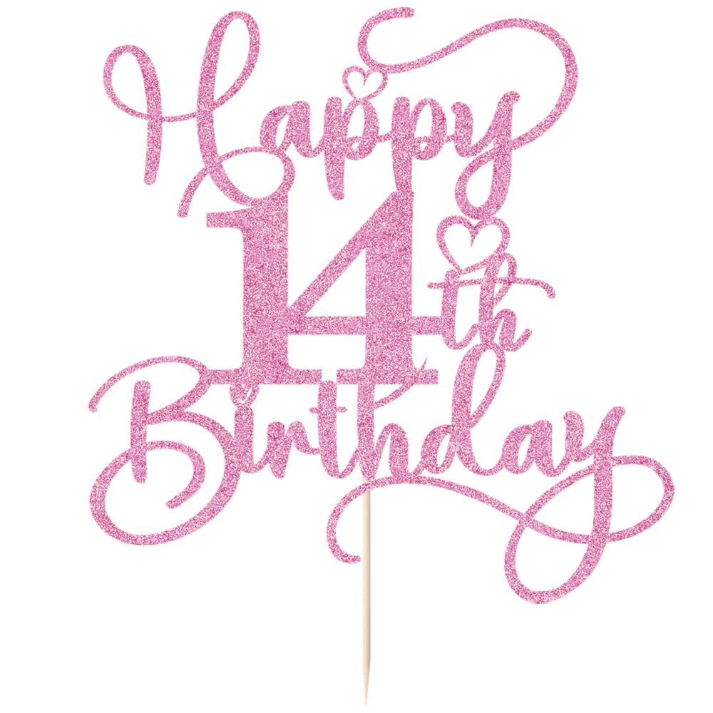 Bejotaa Pink Happy 14th Birthday Cake Topper – Glitter, Pre-Assembled, 1pc