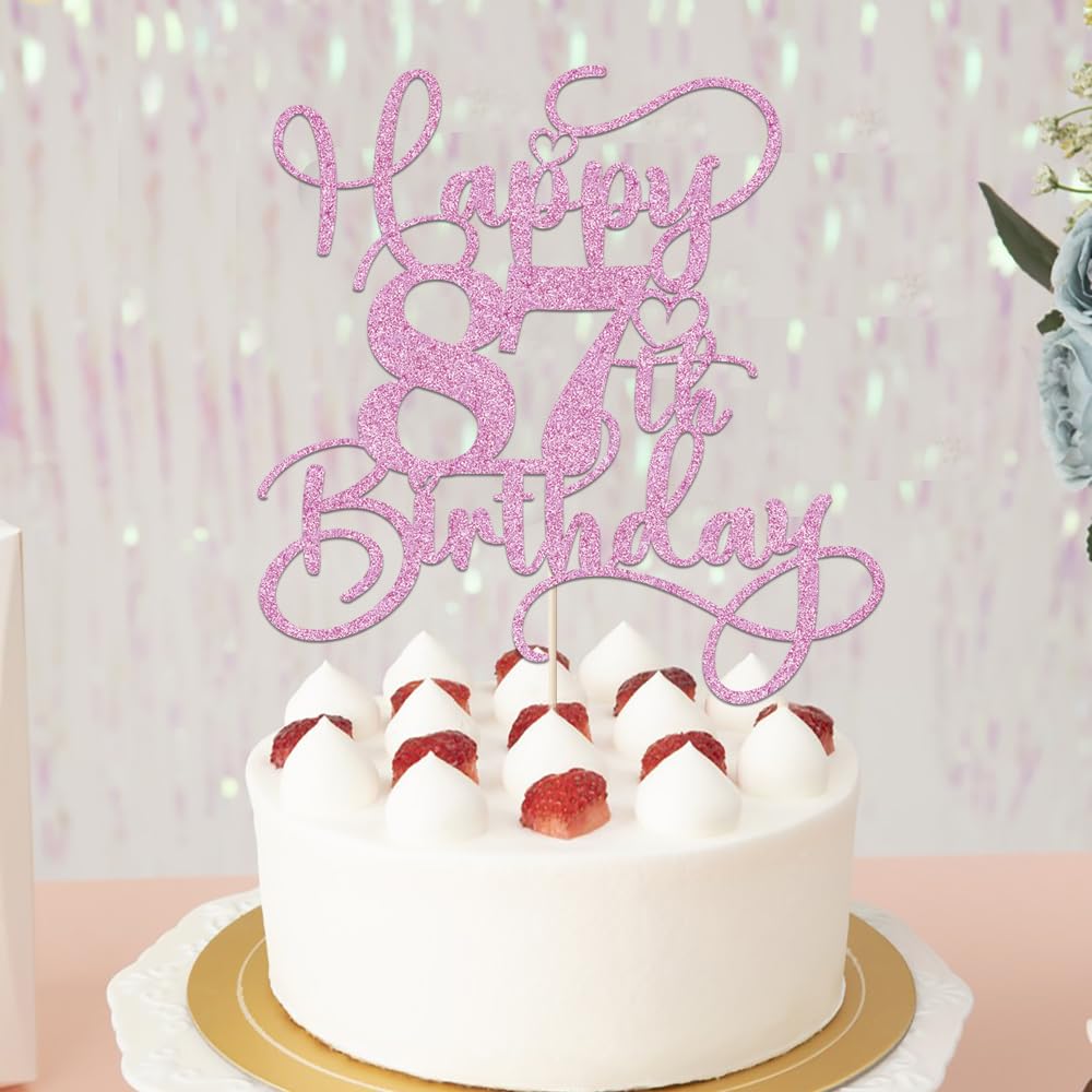 Bejotaa Pink Happy 87th Birthday Cake Topper – Glitter, Pre‑Assembled (1pc)