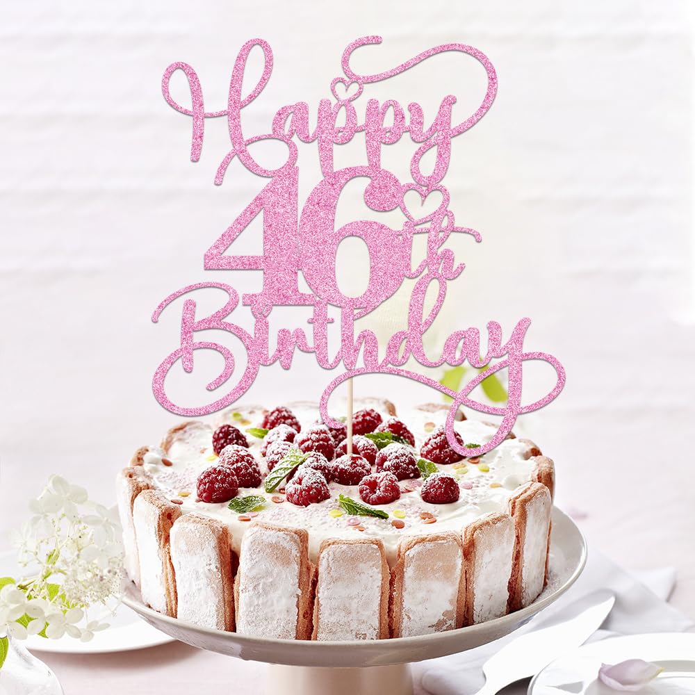 Bejotaa Pink Happy 46th Birthday Cake Topper – Glitter Decor for 46th Birthday & Anniversary Parties