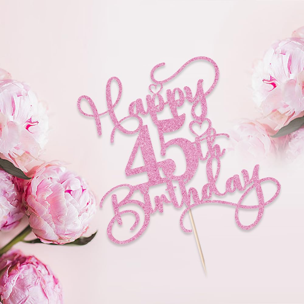 Bejotaa Pink Happy 45th Birthday Cake Topper – Glitter, Pre‑assembled, 1pc for Birthday & Anniversary Cakes