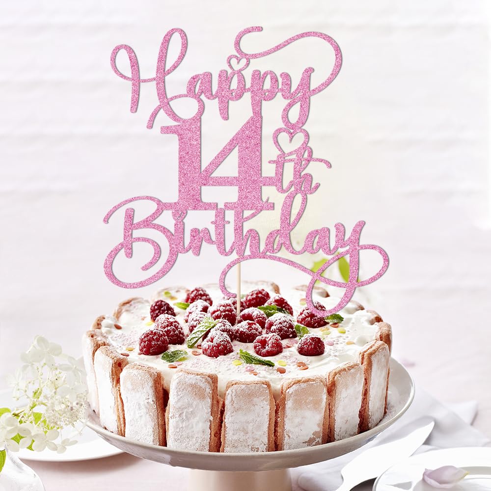 Bejotaa Pink Happy 14th Birthday Cake Topper – Glitter, Pre-Assembled, 1pc