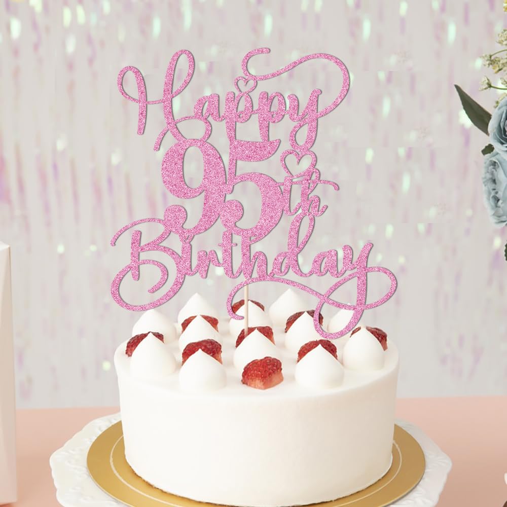 Bejotaa Pink Happy 95th Birthday Cake Topper – Glitter Cake Decoration for Milestones