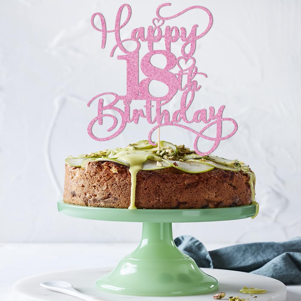 Bejotaa Pink Happy 18th Birthday Cake Topper – Glitter Cake Topper for Birthday Party Decor