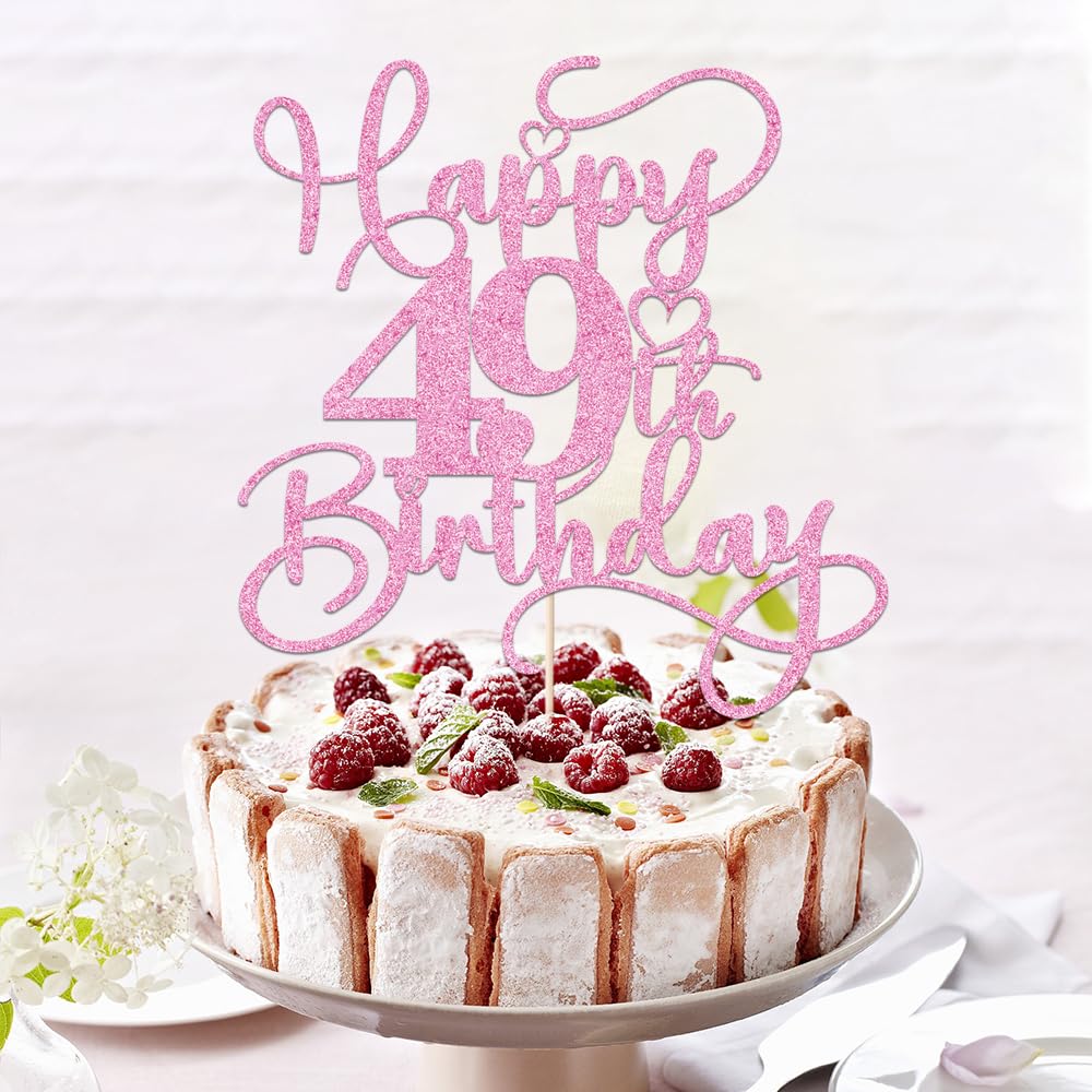 Bejotaa Pink Happy 49th Birthday Cake Topper – Glitter Cake Decor for Birthday & Anniversary