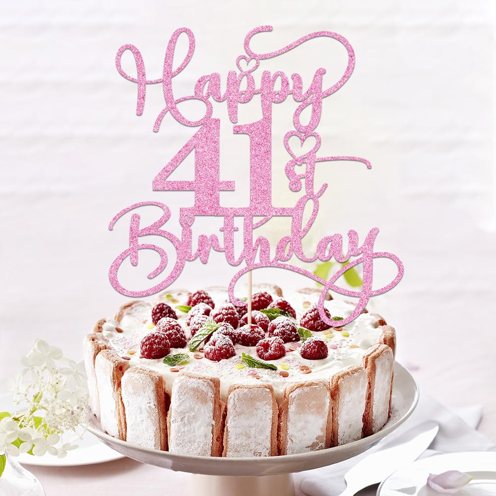 Bejotaa Pink Glitter 41st Birthday Cake Topper – 1pc