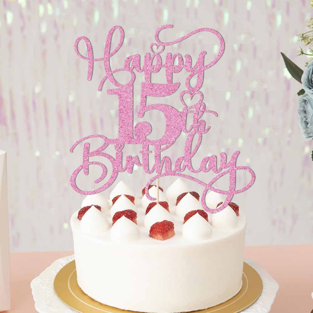 Bejotaa Pink Happy 15th Birthday Cake Topper | Glitter Party Decor