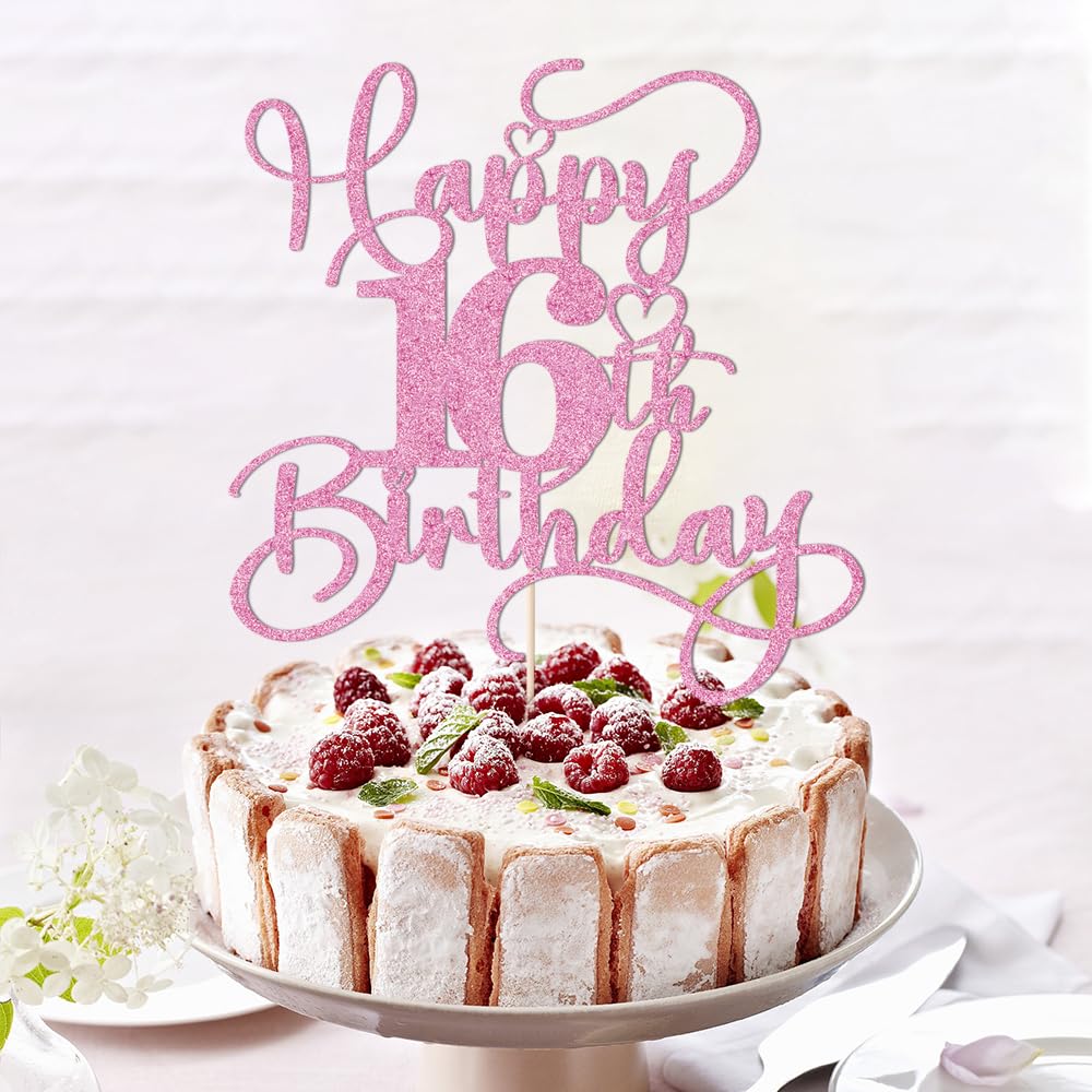 Bejotaa Pink Happy 16th Birthday Cake Topper – Glitter Party Decor