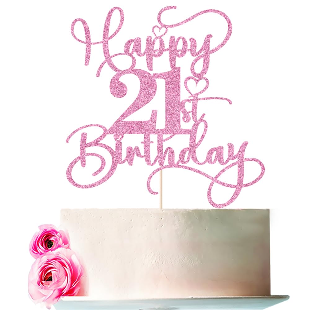 Bejotaa Pink Happy 21st Birthday Cake Topper – Glitter Party Decor