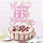 Bejotaa Pink Happy 66th Birthday Cake Topper – Glitter 1pc for Sixty-Six Birthday or Anniversary Party Decor
