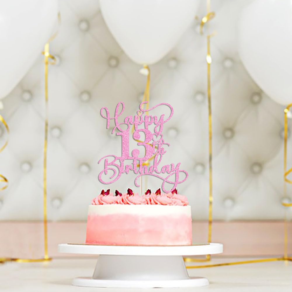 Bejotaa Pink Happy 13th Birthday Cake Topper – Glitter 1pc for 13th Birthday & Anniversary Parties
