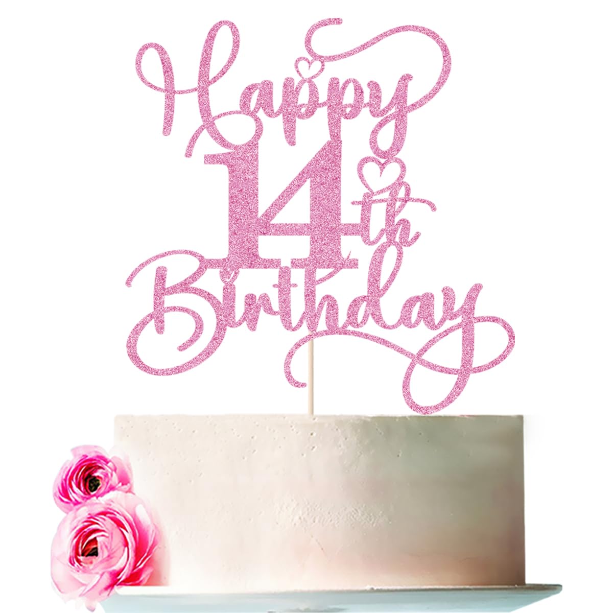 Bejotaa Pink Happy 14th Birthday Cake Topper – Glitter, Pre-Assembled, 1pc