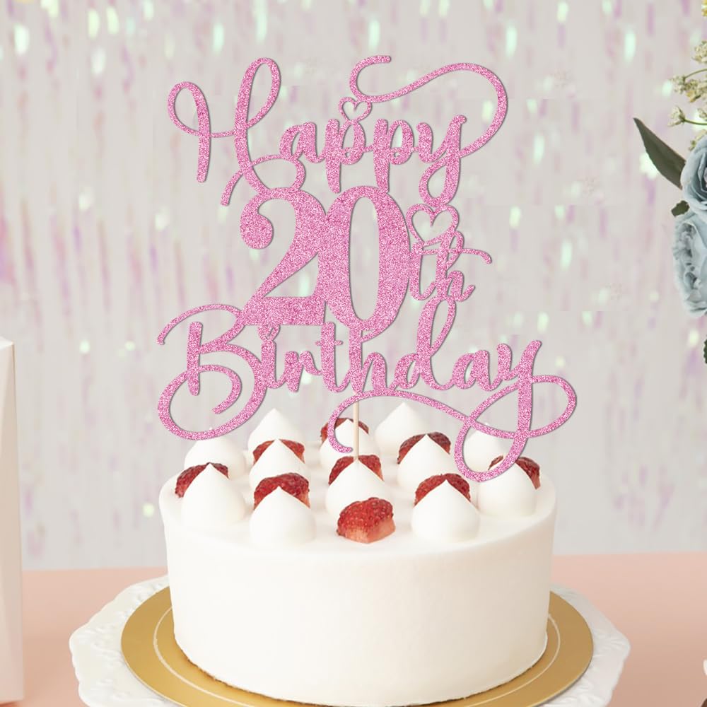 Bejotaa Pink Happy 20th Birthday Cake Topper - Glittery, Pre-assembled 1pc for Twenty & Anniversary Cakes
