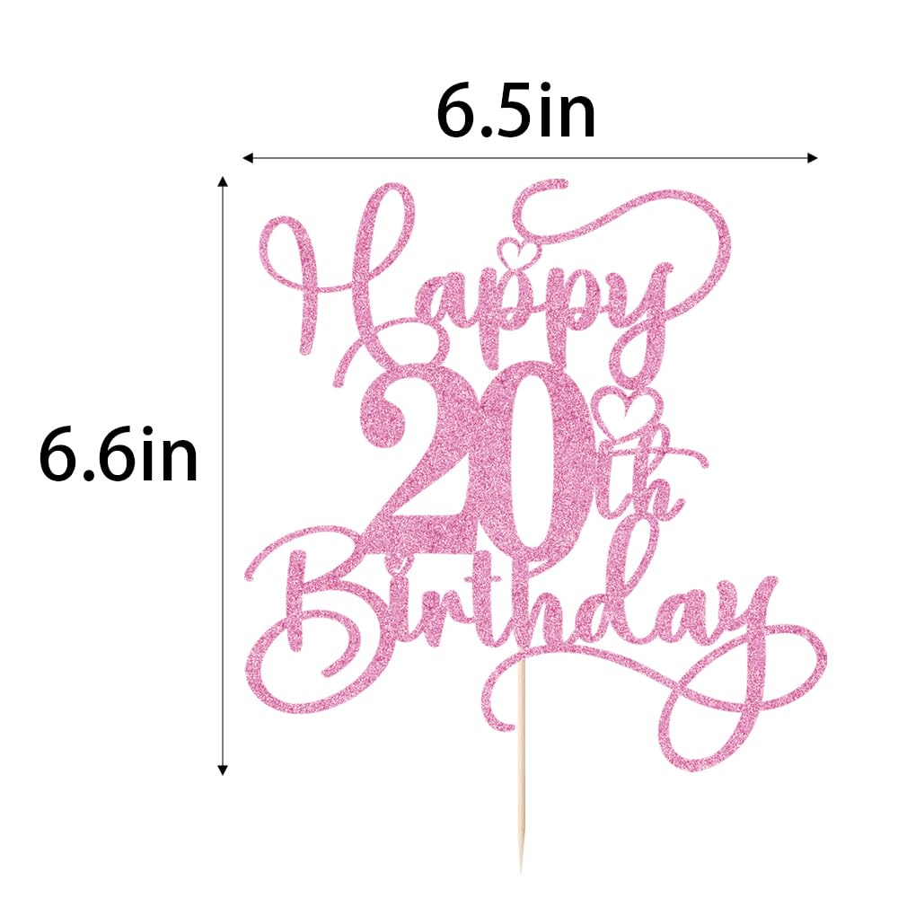 Bejotaa Pink Happy 20th Birthday Cake Topper - Glittery, Pre-assembled 1pc for Twenty & Anniversary Cakes