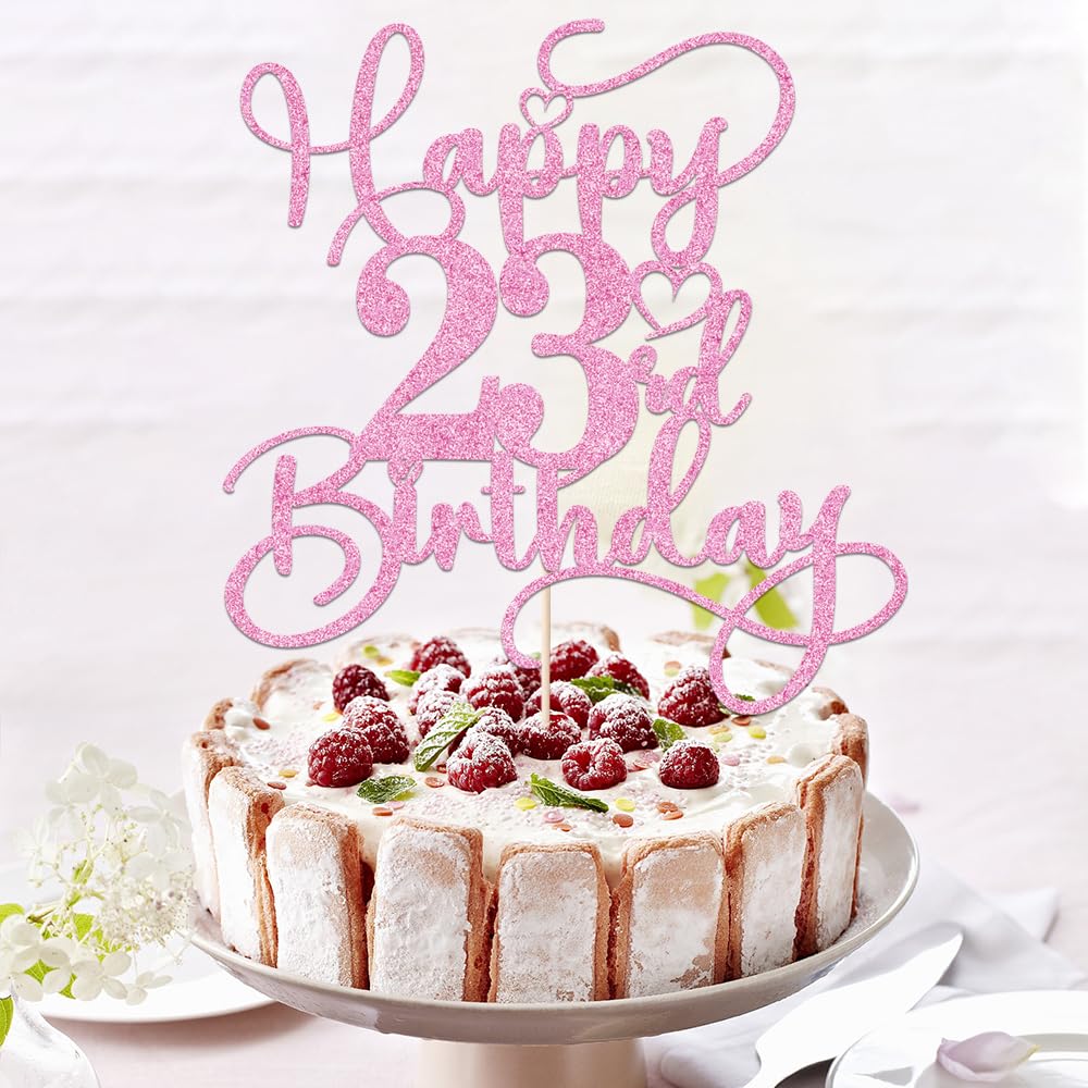 Bejotaa Pink Happy 23rd Birthday Cake Topper – Glitter Cake Decoration