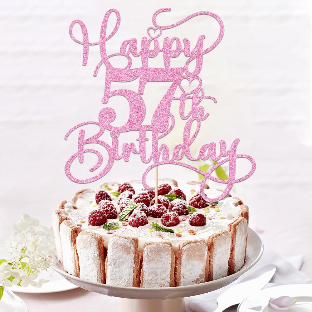 Bejotaa Pink Happy 57th Birthday Cake Topper – Glitter, Pre-Assembled Party Decor
