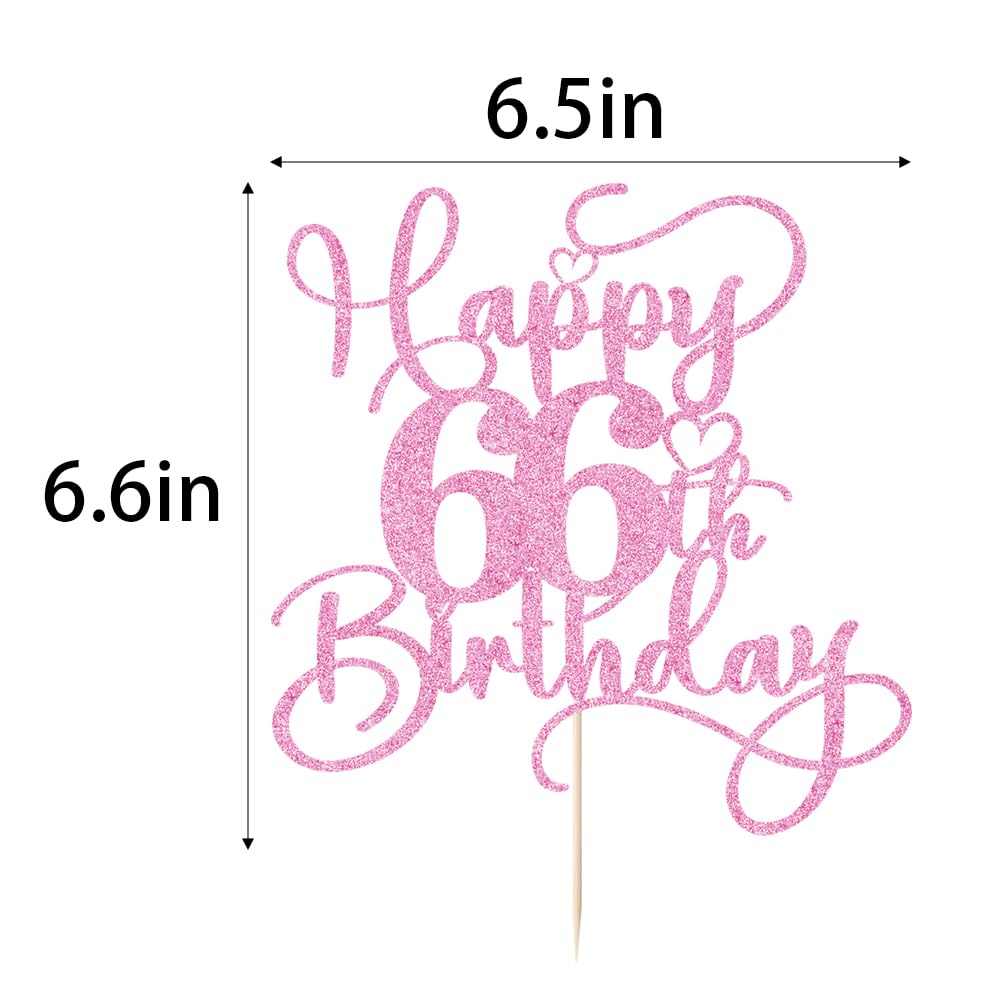 Bejotaa Pink Happy 66th Birthday Cake Topper – Glitter 1pc for Sixty-Six Birthday or Anniversary Party Decor