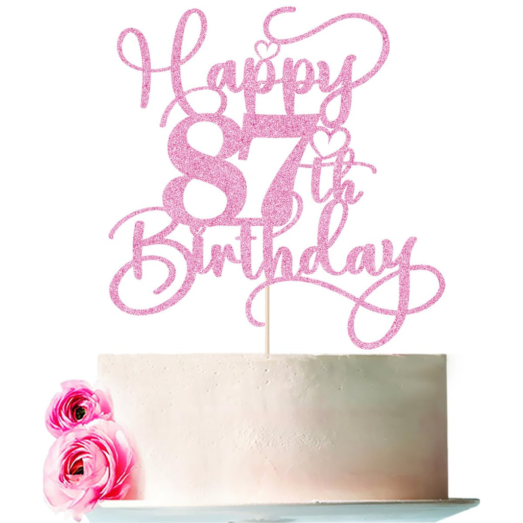 Bejotaa Pink Happy 87th Birthday Cake Topper – Glitter, Pre‑Assembled (1pc)