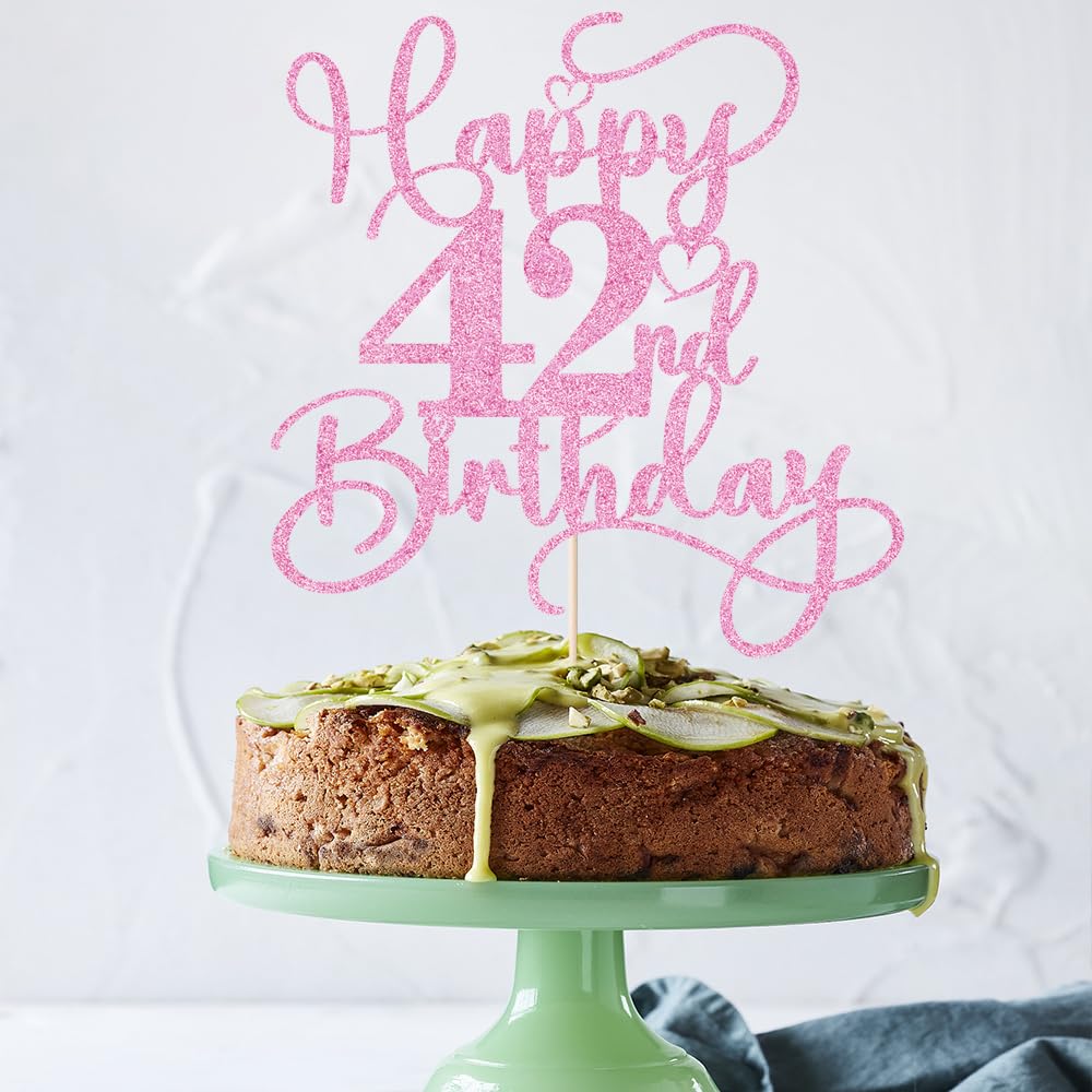 Bejotaa Pink Happy 42nd Birthday Cake Topper – Glitter Party Decor