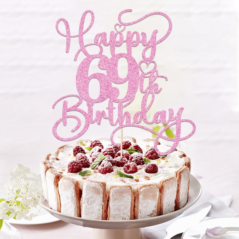 Bejotaa Pink Happy 69th Birthday Cake Topper – Glitter 1pc