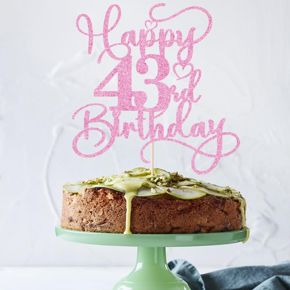 Bejotaa Pink Happy 43rd Birthday Cake Topper - Glitter 43rd Topper for Celebration