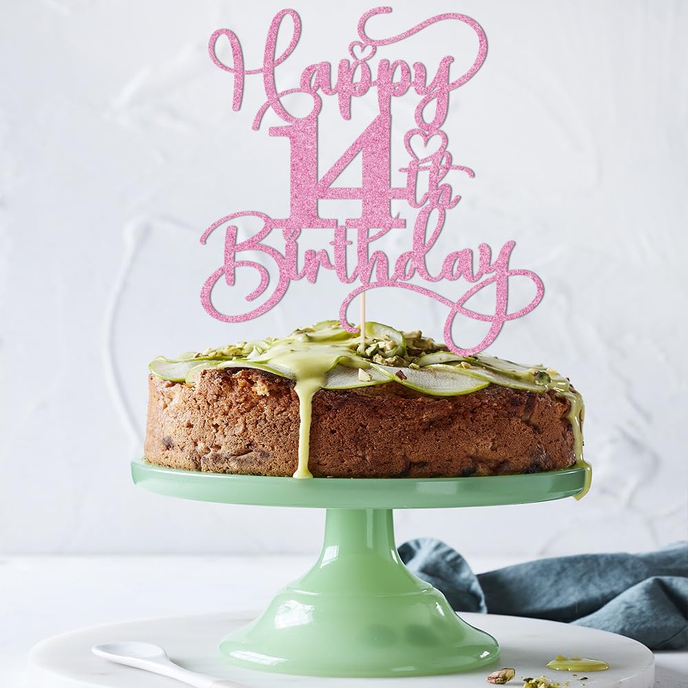 Bejotaa Pink Happy 14th Birthday Cake Topper – Glitter, Pre-Assembled, 1pc