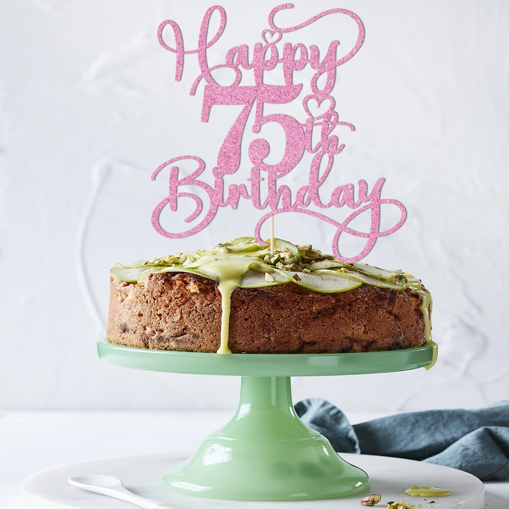 Bejotaa Pink Happy 75th Birthday Cake Topper – Glitter, No Assembly, 1 Piece
