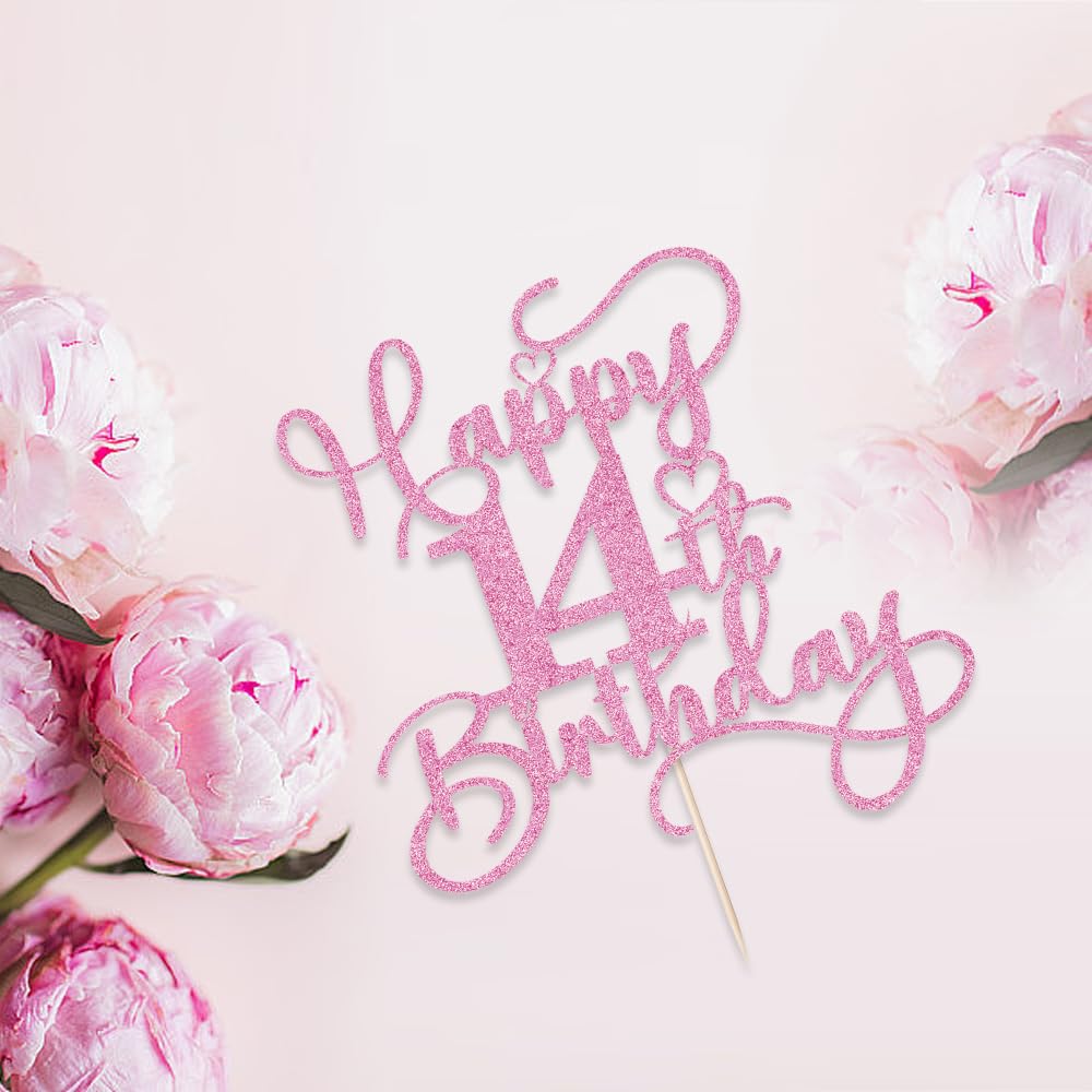 Bejotaa Pink Happy 14th Birthday Cake Topper – Glitter, Pre-Assembled, 1pc