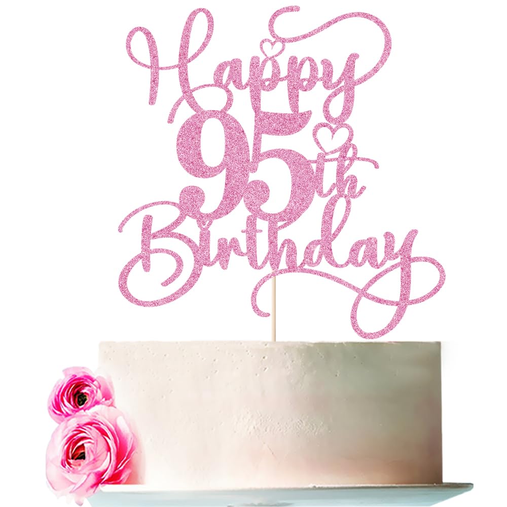 Bejotaa Pink Happy 95th Birthday Cake Topper – Glitter Cake Decoration for Milestones