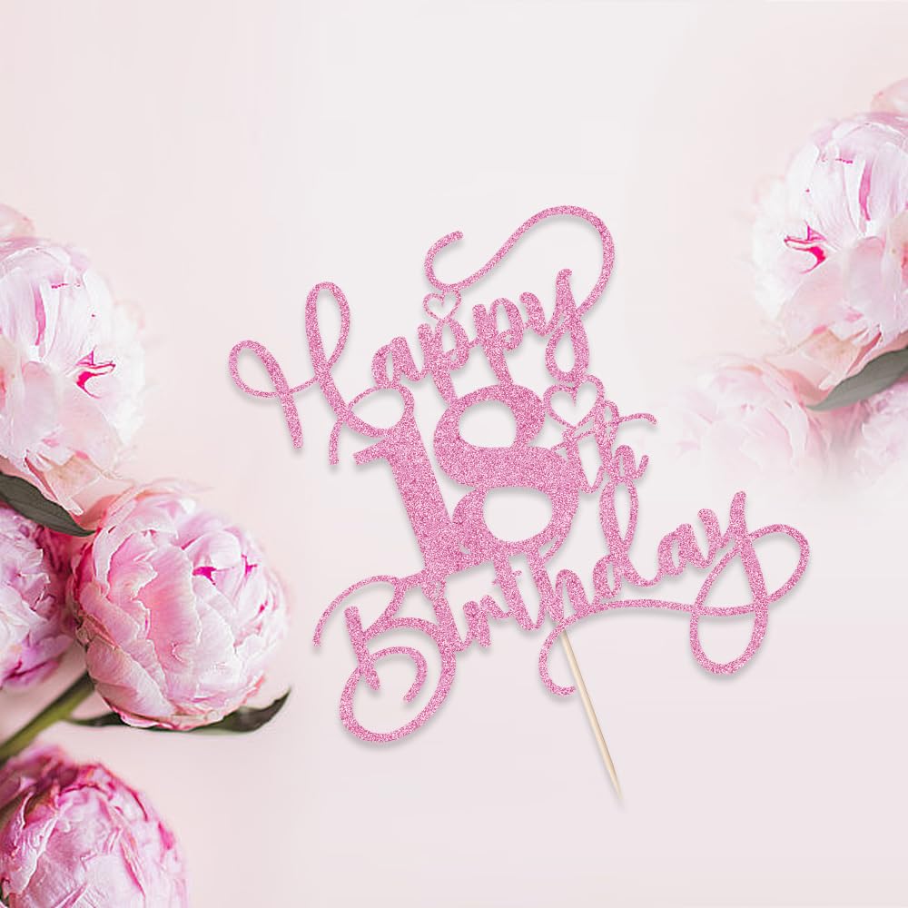 Bejotaa Pink Happy 18th Birthday Cake Topper – Glitter Cake Topper for Birthday Party Decor